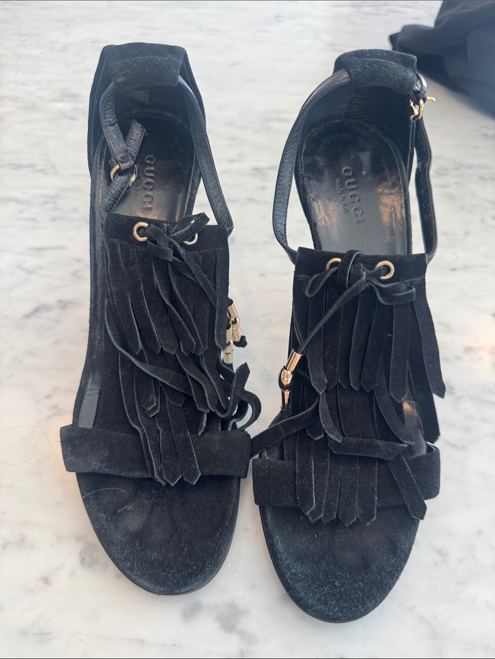 Gucci Authentic Black Suede & Leather Fringe Ankle-Strap Heels